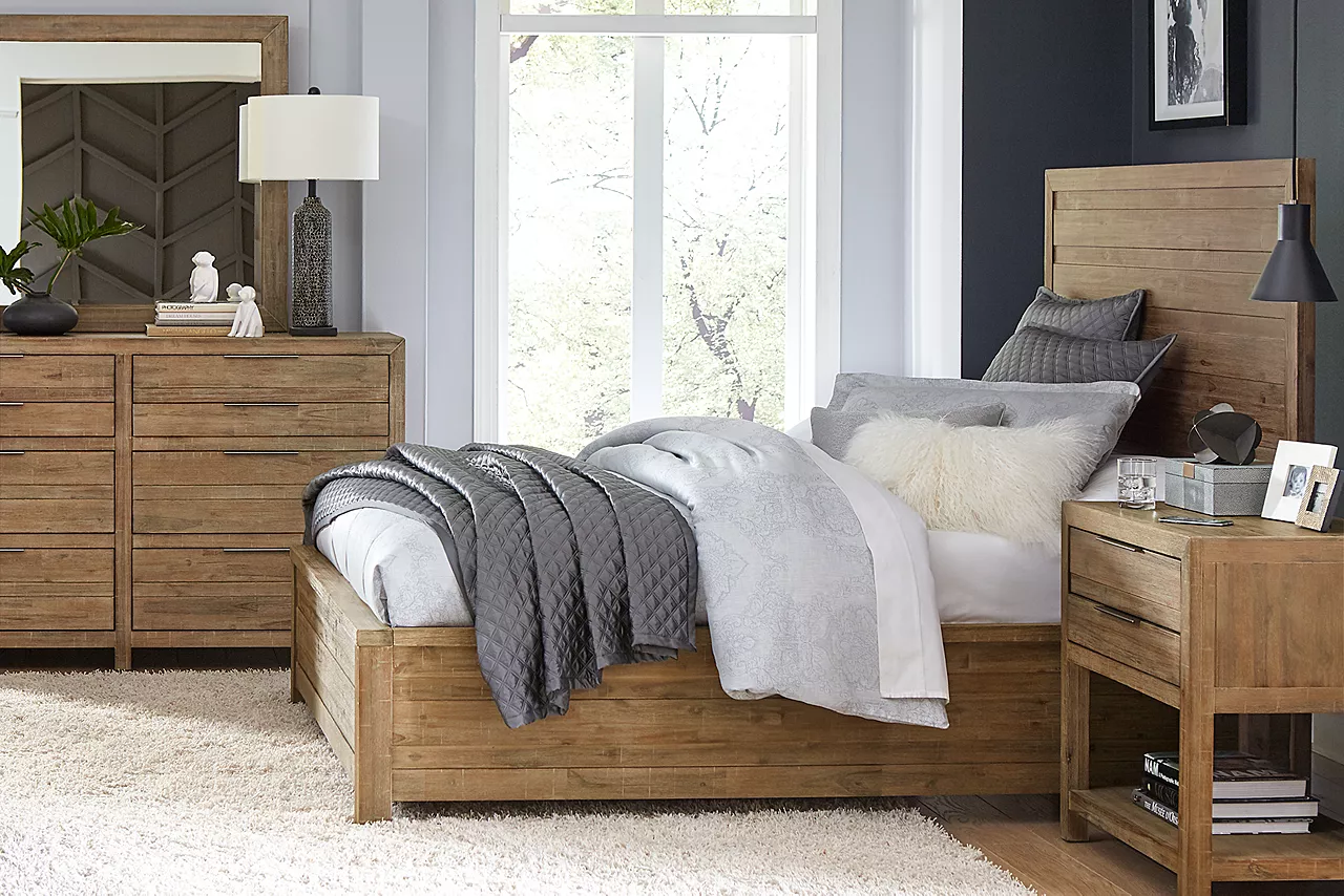 Sherman Panel Bed, Open Nightstand, Dresser with Mirror in Driftwood in a room scene.